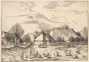 Farms, cattle with herdsmen and milkmaids in the foreground from Multifariarum casularu by Johannes van Doetecum I