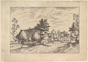 Village Street, hay stacked in front of a farm from Praediorum villarum et rusticar, ca. 1559-61 by Johannes van Doetecum I