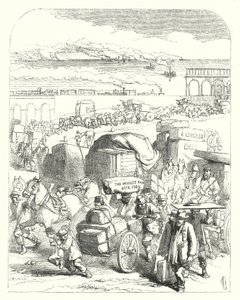 Ships and trains bringing visitors to the Great Exhibition of 1851, Crystal Palace, Hyde Park, London by John (after) Gilbert
