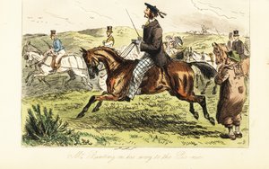 English gentleman with whiskers in tam o’shanter cap riding a horse on his way to a picnic in the country by John (after) Leech