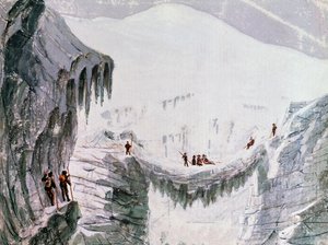 Climbing Mont Blanc, climbers suspended from crevasse by Walter Charles Mills