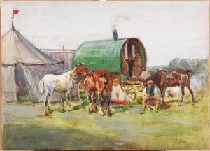 Three Horses and a Green-Roofed Caravan