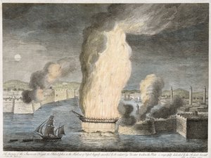 The Burning of the American Frigate the Philadelphia in the Harbour of Tripoli, 1805 (hand-coloured line engraving on laid paper) by John B. Guerazzi