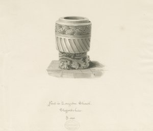 Font in Longdon Church: sepia drawing by John Buckler