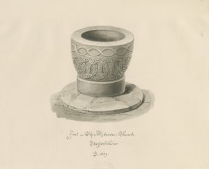 Font in Pipe Ridware Church: sepia drawing by John Buckler