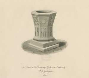 Penkridge - Font in Parsonage Garden: sepia drawing by John Buckler