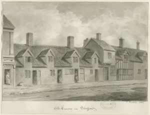 Stafford - Old Houses in Eastgate Street: sepia drawing, 1844 by John Buckler