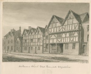 Tamworth - Old Houses in Church Street: sepia wash drawing, 1838 by John Buckler