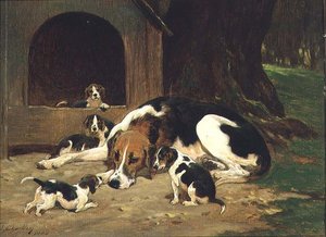 A Foxhound Bitch with Her Litter