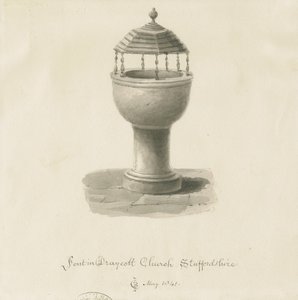 Font in Draycott in the Moors Church by John Chessell Buckler