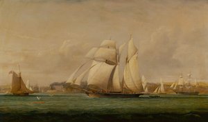 A Top Sail Schooner, Two Royal Yacht Squadron Cutters and an American Merchant Ship by John Christian Schetky
