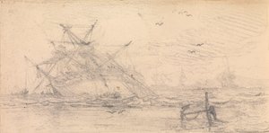 A Two Deck Ship Wrecked on a Beach by John Christian Schetky