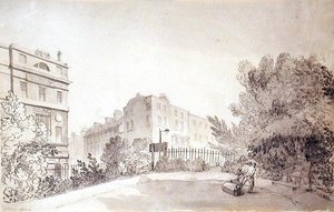 View of Fitzroy Square with Two Figures pulling a Garden Roller, c.1808