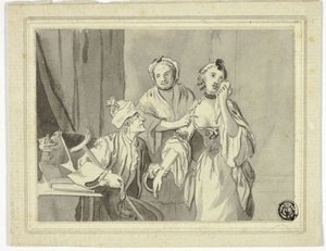 Literary Illustration: Old Man Detaining Young Woman, Who is Accompanied by Older Woman by John Collet