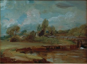 The Lock at Flatford, Seen from a Path by the River by John Constable