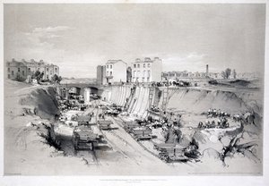 Building the retaining walls at Park Street, Camden Town, 1836 by John Cooke Bourne