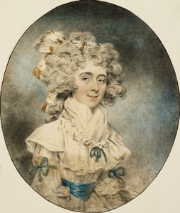 Portrait of Mrs. Fisher, half length, in a White Dress Adorned with Blue Ribbons by John Dowman