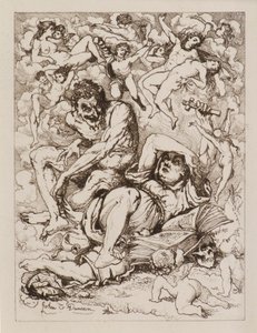 Reclining Figure Holding Cross, the Devil Sitting nearby Surrounded by Floating Figures by John Duncan