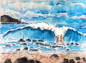 Big Wave Beach Surfers by John Dunn