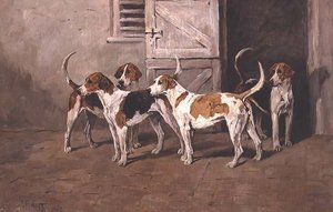 Four Hounds by a Stable Door by John Emms