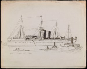 Steam Vessel Near a Coast with Tug Alongside. Passenger Liner with Tug, and Paddle Steamer Tilbury Nearby