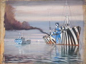 S.S. Lepanto and Another Steam Vessel, Both Dazzle-Painted, Anchored in Calm Water