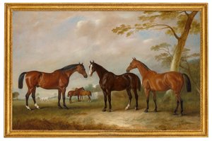 Intrepid, Conqueror and Bay Bolton with Silkman and Darnley beyond in a landscape by John Ferneley