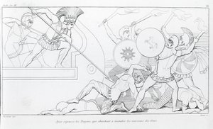 Ajax repels the Trojans who seek to burn the Greek ships. Drawing by John Flaxman (1755 - 1826). Homer