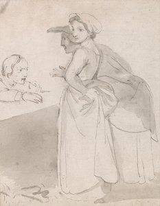 Two Women Talking to a Man at a Counter by John Flaxman