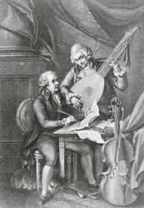 Portrait of Franz Joseph Haydn and Wolfgang Amadeus Mozart composing music for the lute, engraved by Michele Benedetti
