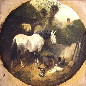 A Carthorse Eating Hay from a Wheel-barrow in a Farmyard