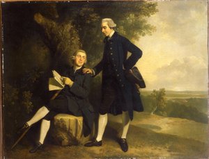 Double Portrait of Thomas Somers Cocks and Richard Cocks of Castleditch, Both Small Full-Length, the Former in a Blue Coat and Waistcoat Holding a Black Tricorn, the Latter Seated in a Blue Coat and Waistcoat Holding a Manuscript, in a Landscape by John Hamilton Mortimer