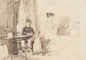 Two children and a woman at the piano, 1807 by John Harden