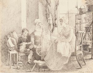 Women at the spinning wheel and a boy with a toy boat, 1807