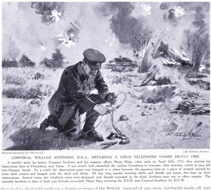 Corporal William Scothern RGA Repairing a Field Telephone Under Heavy Fire, Awarded DCM Ypres May 1915 by John Harris Valda