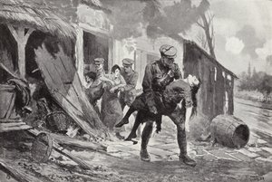 Gunner J Rafferty carrying a wounded woman to safety from a farmhouse which was being shelled, World War I by John Harris Valda