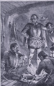 Santiago sent ahead to explore, ran ashore and was wrecked, Newnes Pictorial Knowledge published by Newnes, c.1950