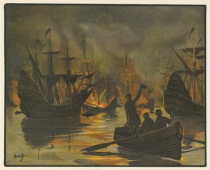 The invincible Armada attacked by fire ships by John Hassall