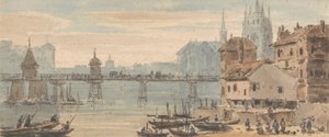 Basel, Bridge Center, Quayside, with Figures and Shipping Right, with Cathedral Rising behind Buildings