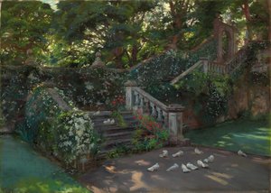 The Golden Hour: The west staircase to the upper terrace at Balcaskie, Fife by John Henry Lorimer
