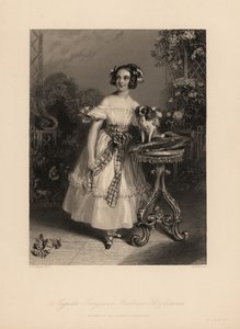 Augusta Georgina Frederica Fitzclarence, daughter of Lord Frederic Fitzclarence, illegitimate son of King William IV. She wears her hair in ringlets and ribbons, and wears an off-the-shoulder dress tied with a sash, holds a King Charles spaniel on a cushio