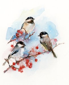 Chickadees with Berries by John Keeling