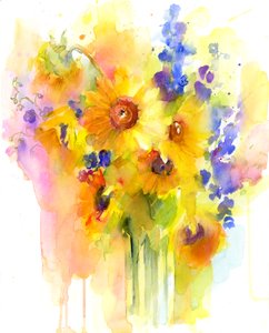 Sunflowers and delphinium, 2016