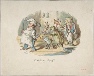 Kitchen Staff (front); Mountainous Landscape with Hiker (back) by John Leech