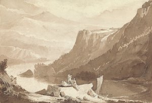Mountainous Landscape with Figures and a Rock Above a Lake by John Martin