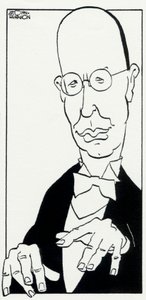 Prokofiev with hands poised above keyboard by John Minnion