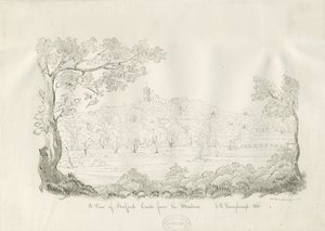 Stafford Castle - East View: pen and sepia drawing by John Robert Fernyhough