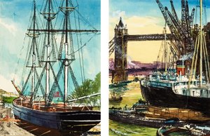 A Tall Ship in the Lower Reaches of the Thames and a Steam-driven Cargo Ship near Tower Bridge