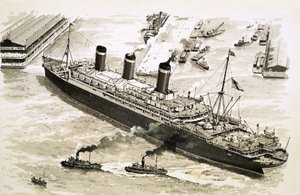 The Steamer Leviathan is Coaxed Towards a Pier at New York Harbour by Tugs