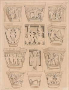 Capitals and A & B Bas-Reliefs in the Abbey Church of Saint Georges de Bocherville, near Rouen, Normandy by John Sell Cotman